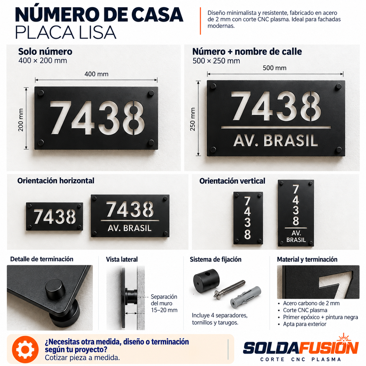 Número de casa metálico en placa lisa de acero