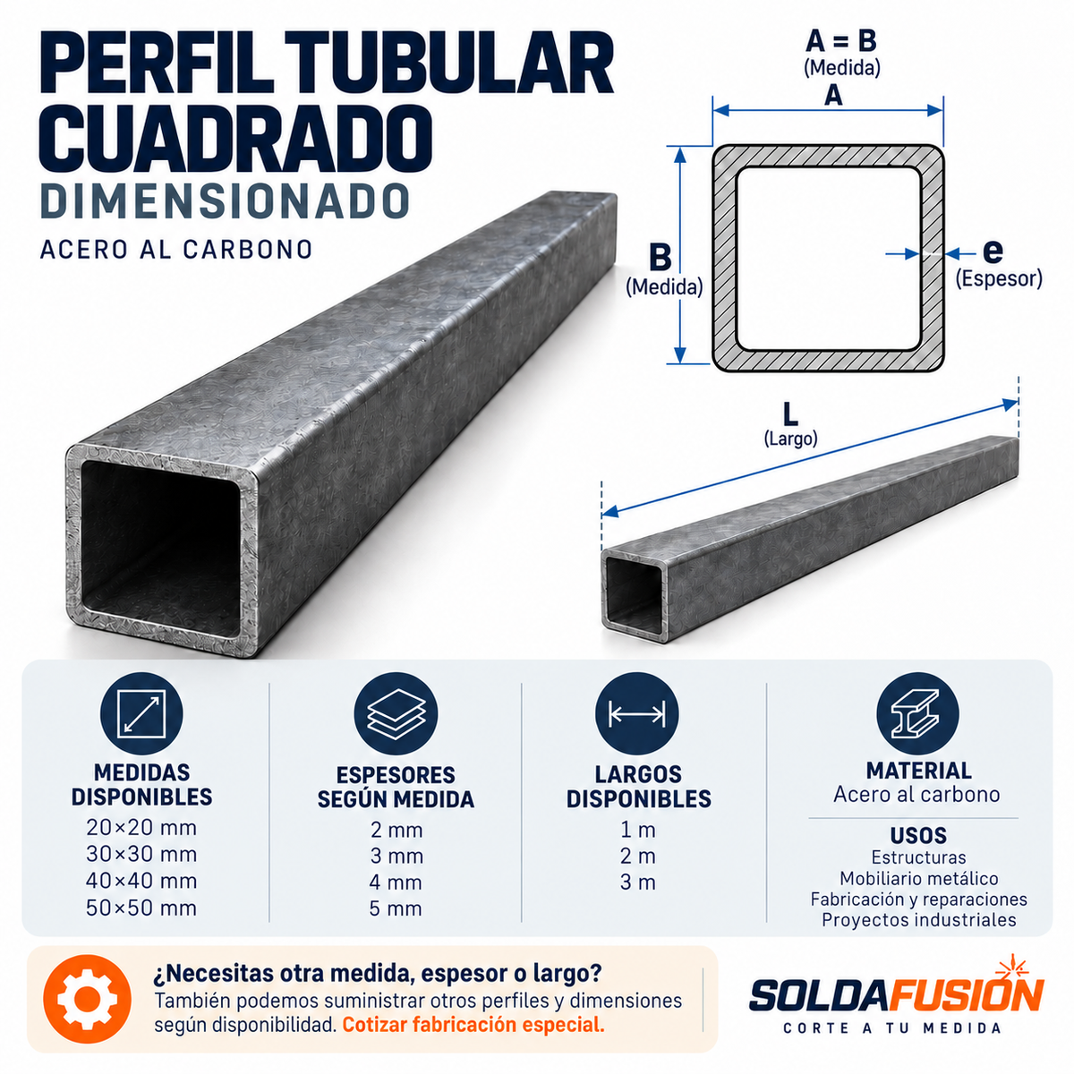 Perfil tubular cuadrado de acero dimensionado