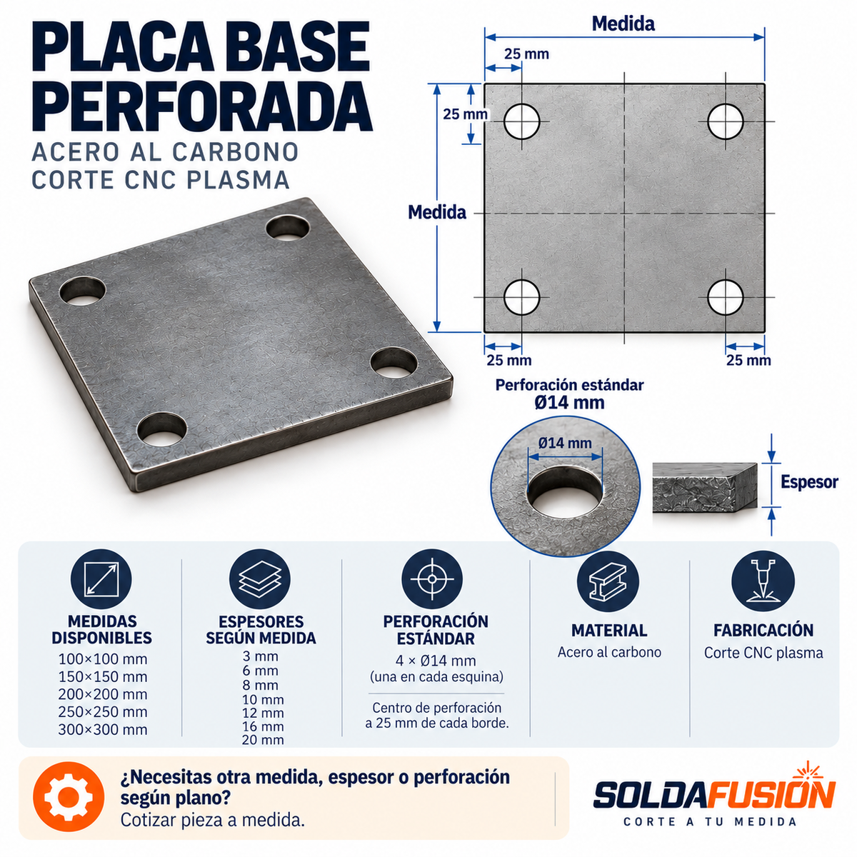 Placa base de acero con 4 perforaciones para pernos de anclaje
