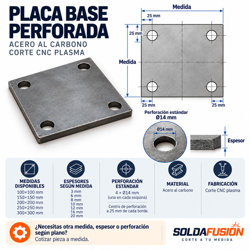 Placa base de acero con 4 perforaciones para pernos de anclaje